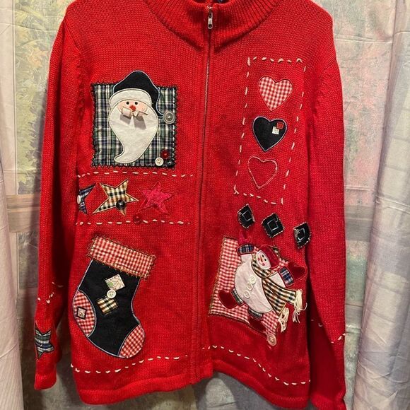 Basic Editions Christmas Patchwork Santa Snowman Knit Zip Up Sweater Large - Picture 2 of 14